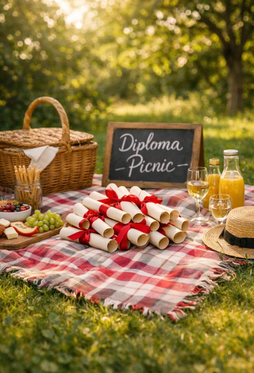 A picnic scene on a red checkered blanket with a pile of diplomas tied with red ribbons, a wicker basket, drinks, fruit, and a chalkboard sign reading Diploma Picnic in a sunny green park.