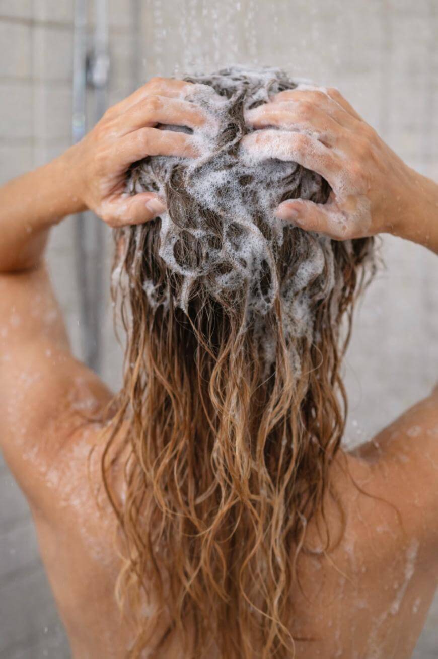 A person with long, wet, wavy hair is seen from behind, lathering shampoo into their hair while taking a shower. Bubbles and foam cover their head and hands.