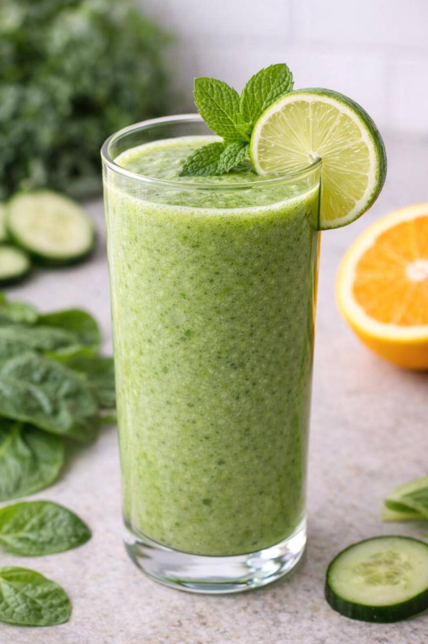 A tall glass filled with a green smoothie, garnished with a lime slice and mint leaves. Spinach leaves, cucumber slices, and half an orange are arranged around the glass on a light surface.