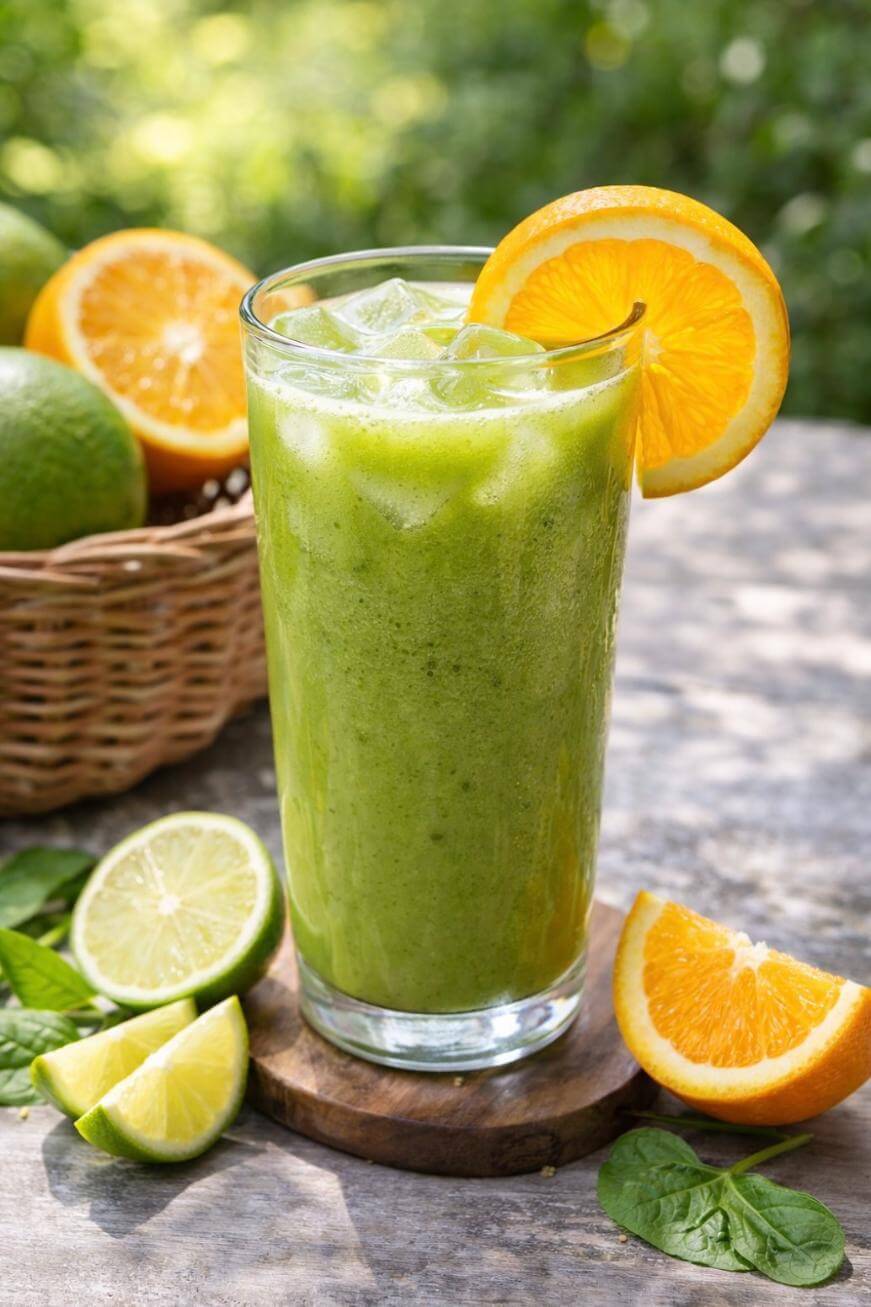 A tall glass of green juice with ice, garnished with an orange slice, sits on a wooden surface. Fresh orange and lime wedges, spinach leaves, and a basket of fruit are in the background.