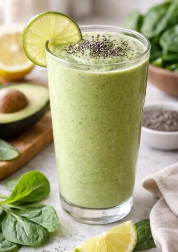 A tall glass of green smoothie, garnished with a lime slice and chia seeds, sits on a table surrounded by fresh spinach leaves, half an avocado, a lemon, and a small bowl of chia seeds.
