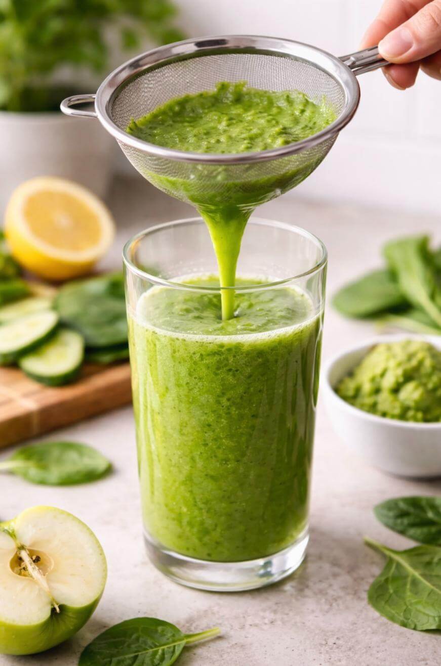 A hand holds a strainer over a glass, pouring green smoothie through, with spinach leaves, apple, cucumber, lemon, and a bowl of mashed green mixture on the table.