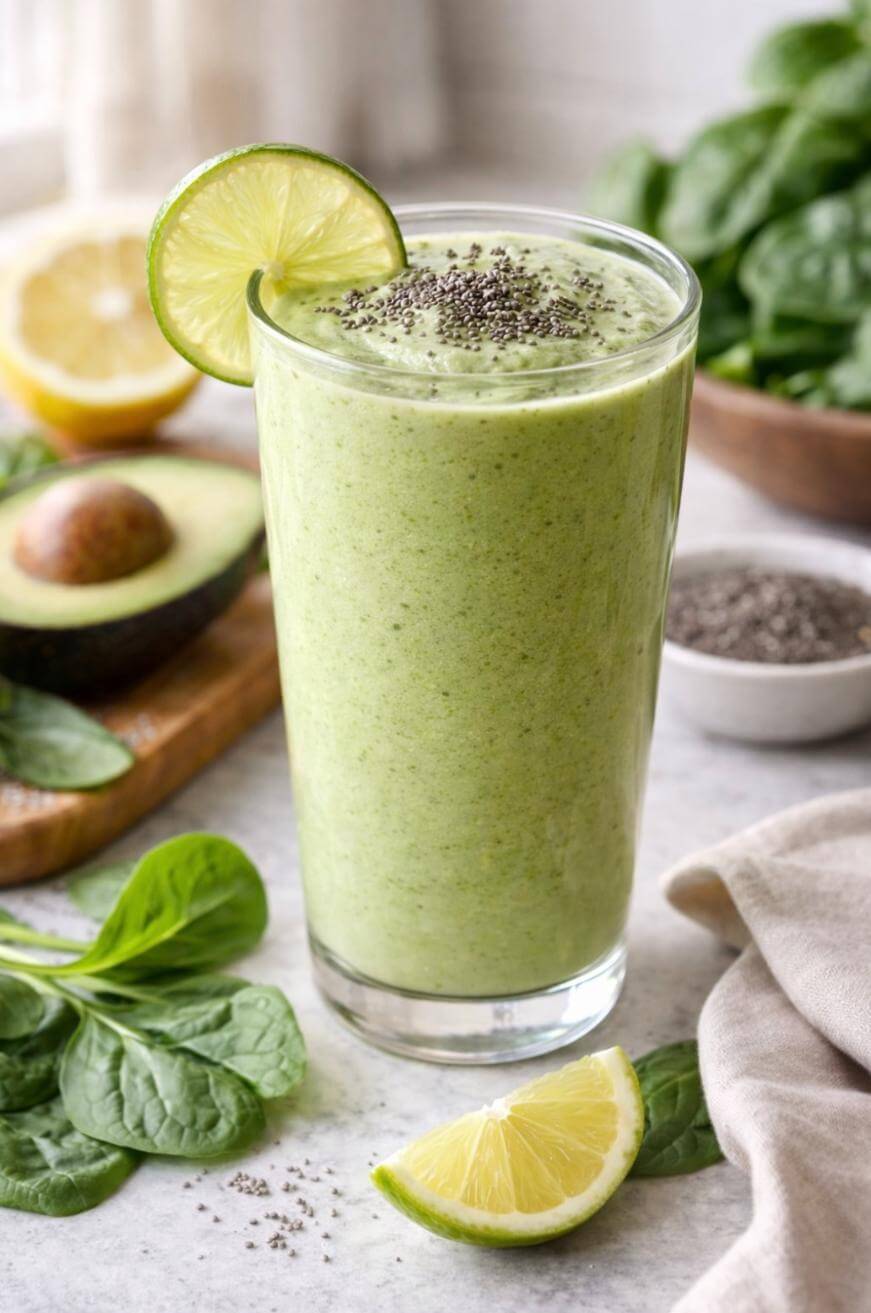 A green smoothie in a glass topped with chia seeds and garnished with a lime slice, surrounded by fresh spinach leaves, an avocado, a lemon half, and chia seeds on a light surface.