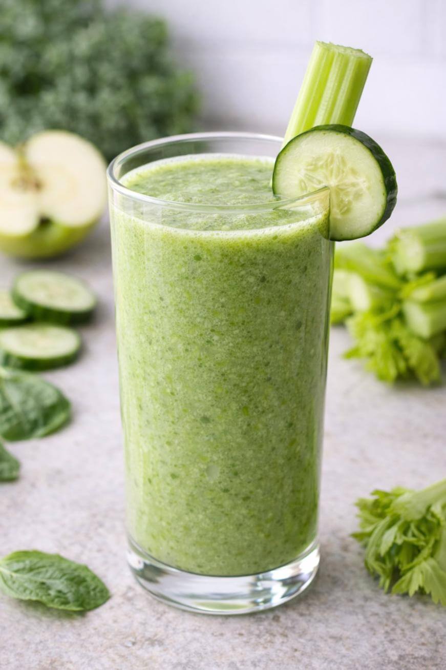 A glass of green smoothie garnished with a cucumber slice and a celery stick, surrounded by fresh celery, spinach leaves, sliced cucumber, and a halved green apple in the background.