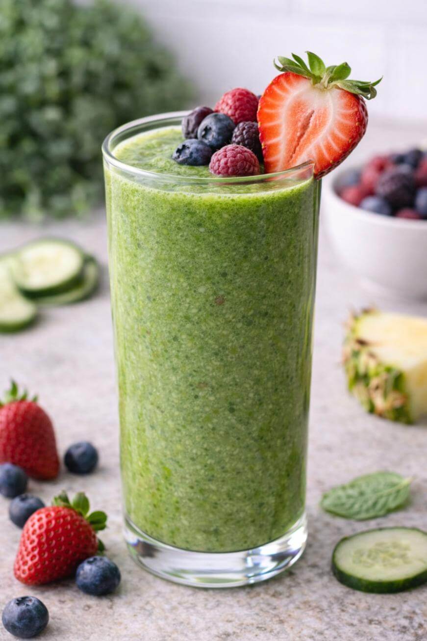 A tall glass of green smoothie topped with blueberries, raspberries, and a halved strawberry. Fresh strawberries, blueberries, cucumber slices, and pineapple pieces are scattered around the glass on a countertop.