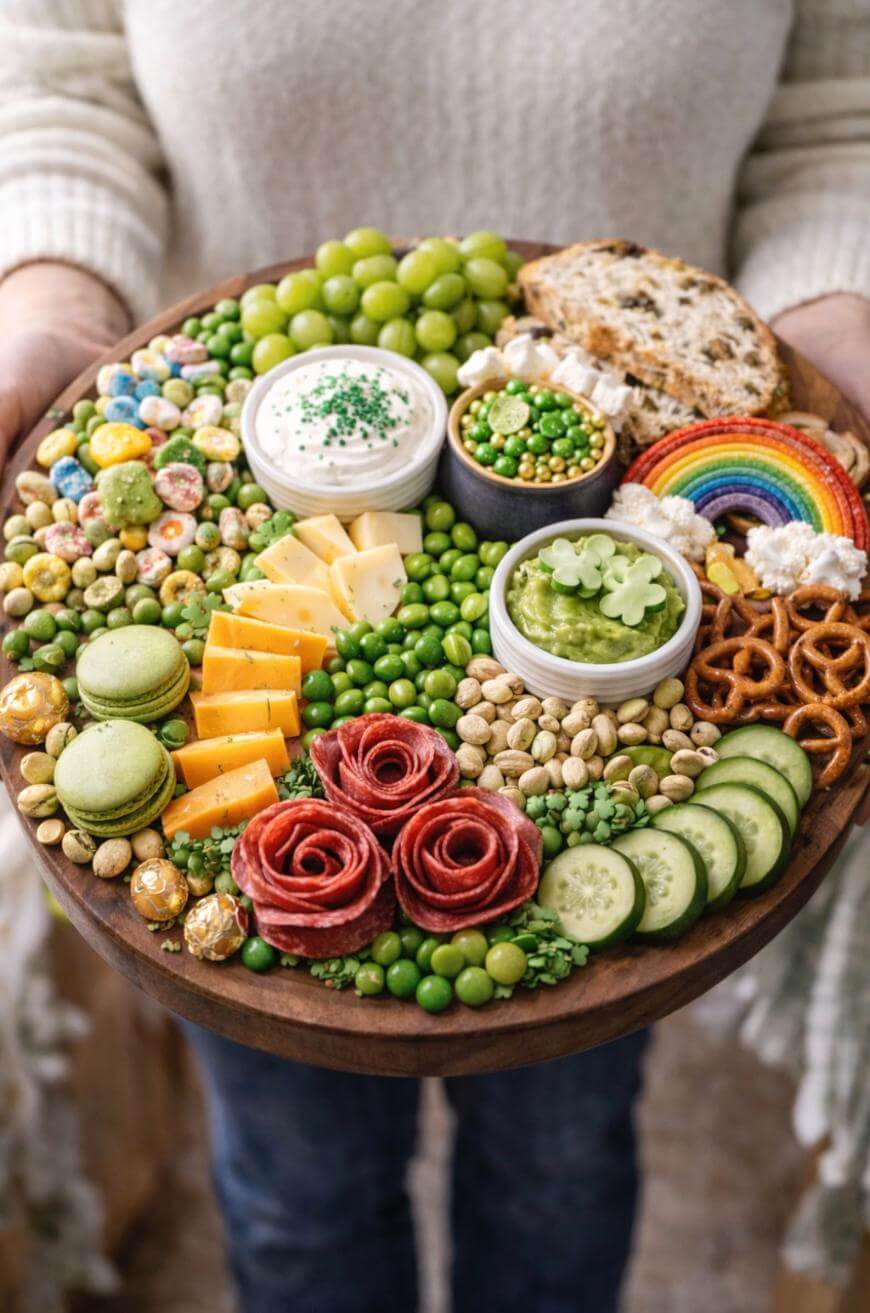 A person holds a round platter filled with colorful snacks, including cheese, grapes, pretzels, crackers, salami roses, macarons, cucumber slices, nuts, dip, green candies, and a small rainbow-shaped treat.