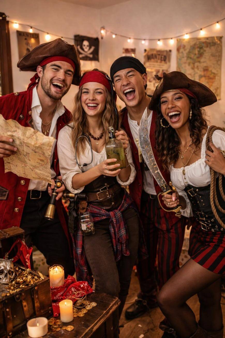Four people dressed as pirates pose together, smiling and laughing in a festively decorated room. They hold props like a map, bottle, and sword, with pirate-themed decor, candles, and treasure chest visible around them.
