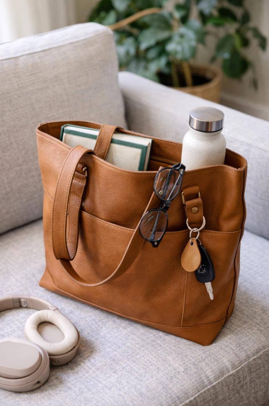 A brown leather tote bag sits on a light gray sofa. Inside the bag are a book, a water bottle, and a pair of glasses. On the bag’s exterior are attached keys. Nearby on the sofa are wireless headphones. A green plant is in the background.