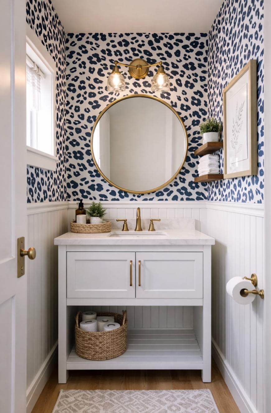 A small bathroom with blue leopard print wallpaper, a round gold-framed mirror, gold light fixture, white vanity with gold handles, wicker baskets, and decorative plants. White wainscoting lines the lower walls.