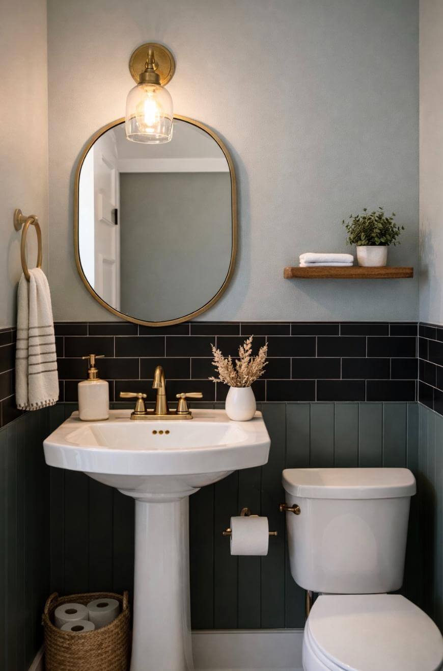 A small, stylish bathroom with a pedestal sink, gold fixtures, round mirror, and modern wall sconce. Black tile accents, a potted plant on a wooden shelf, and neatly arranged toiletries complete the look.