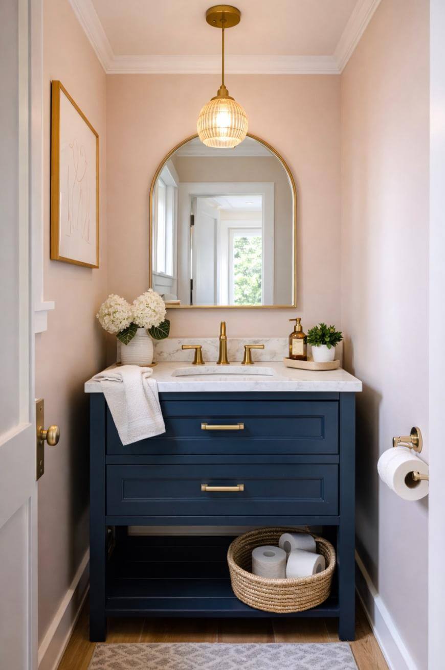 A small, elegant bathroom features a navy blue vanity with gold hardware, a marble countertop, a round gold-framed mirror, and a pendant light above. White flowers and green plants add decorative touches.