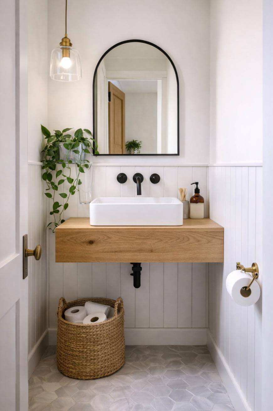 A modern bathroom with a wood floating vanity, vessel sink, round mirror, black fixtures, pendant light, potted plant, and a wicker basket holding toilet paper under the sink. White walls with vertical paneling.