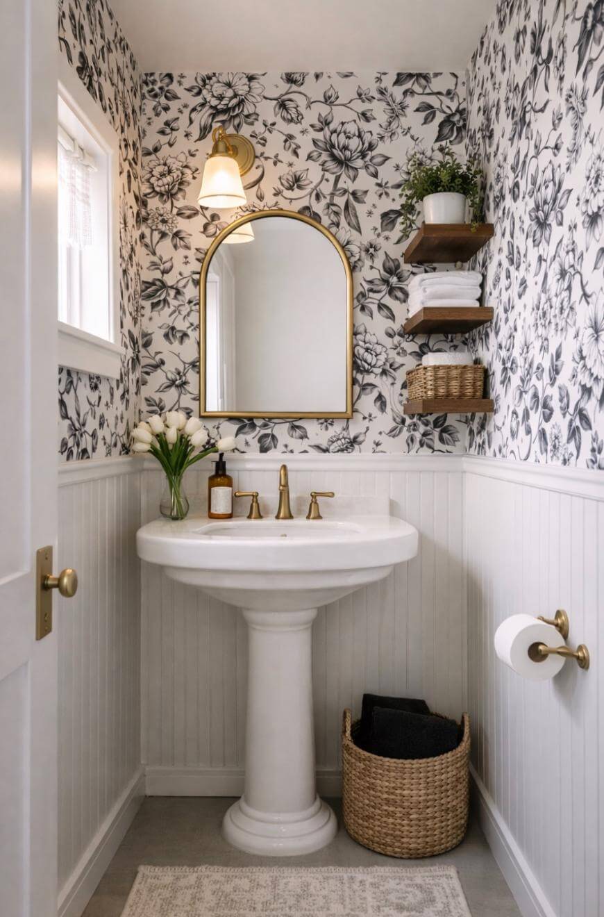 A small bathroom with floral wallpaper, a white pedestal sink, gold fixtures, a round mirror with a gold frame, a wall sconce, shelves with decor, a wicker basket, and wainscoting on the lower walls.
