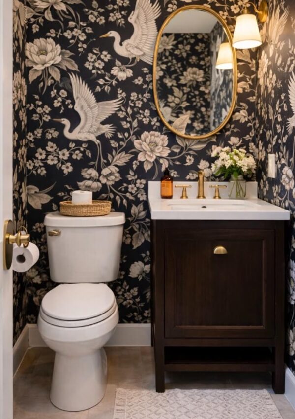 A small bathroom with dark floral and crane wallpaper, a white toilet, dark wood vanity with white sink, oval mirror, gold fixtures, wall sconce, and a vase with white flowers on the counter.