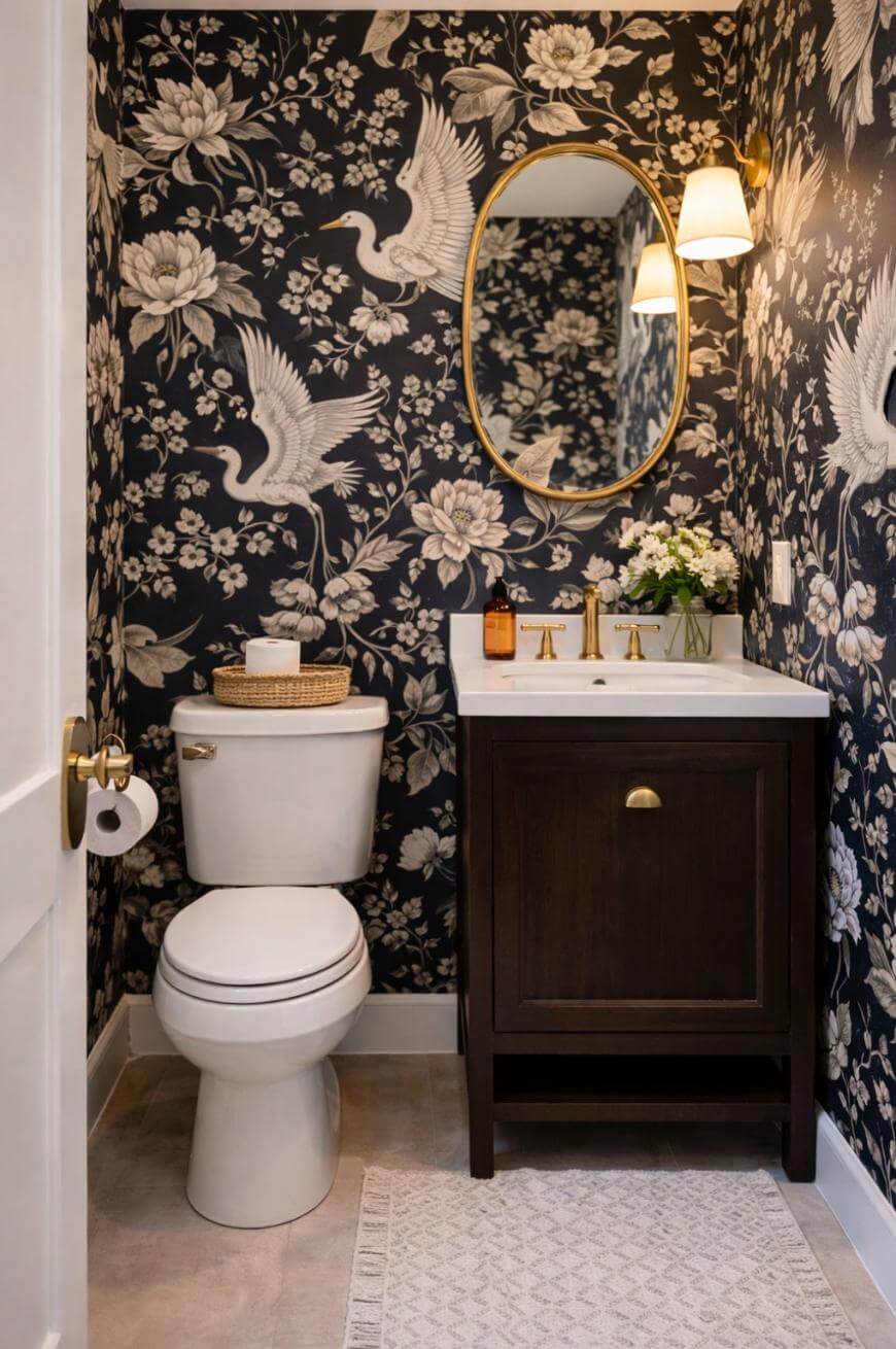 A small bathroom with dark floral and crane wallpaper, a white toilet, dark wood vanity with a white sink, gold fixtures, an oval mirror, a wall sconce, and a light-colored rug on the floor.