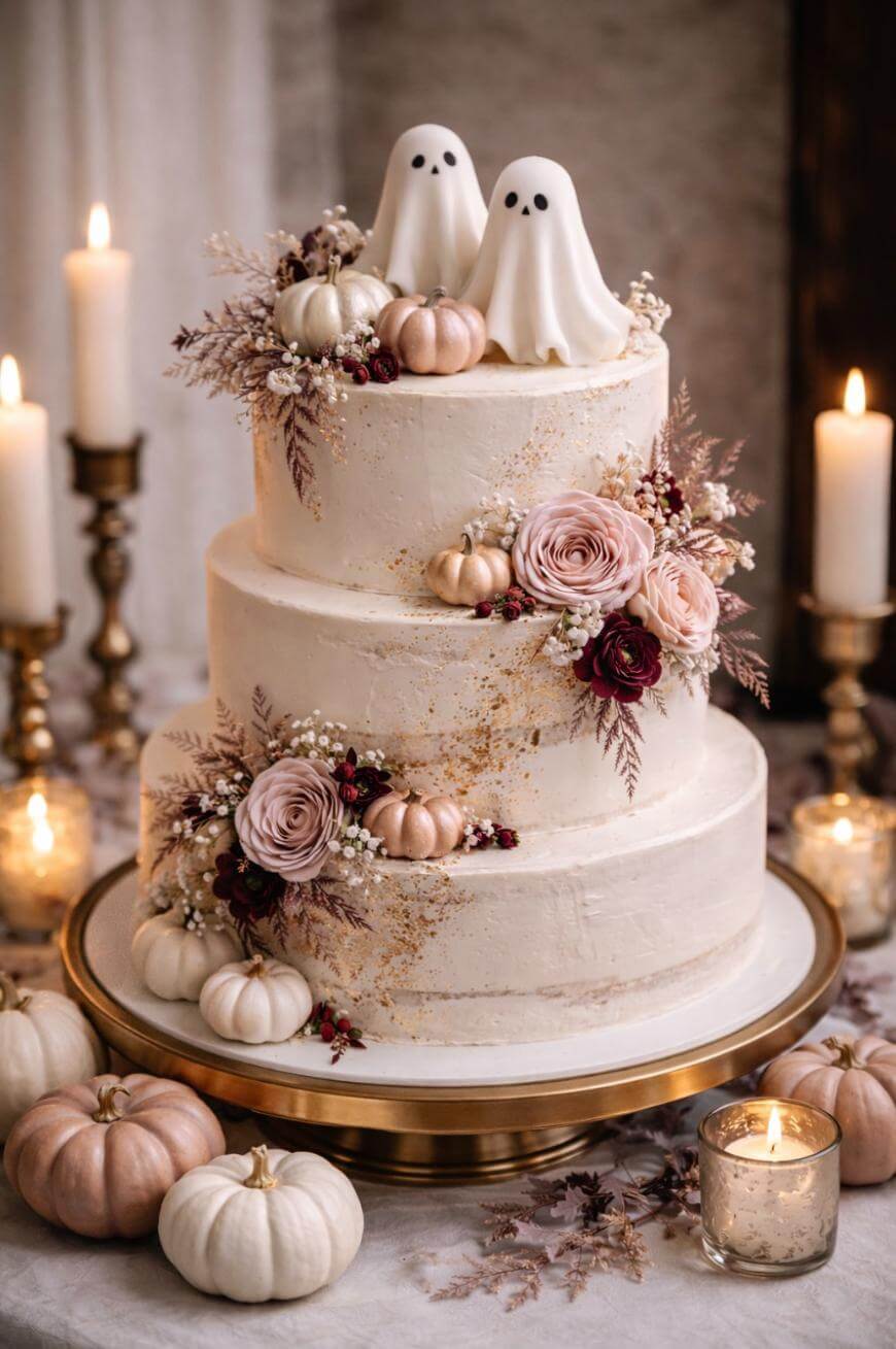A two-tier white cake decorated with blush and burgundy flowers, small pumpkins, and two ghost toppers. Surrounded by candles and more pumpkins on a gold stand, creating a cozy, autumn-themed setting.