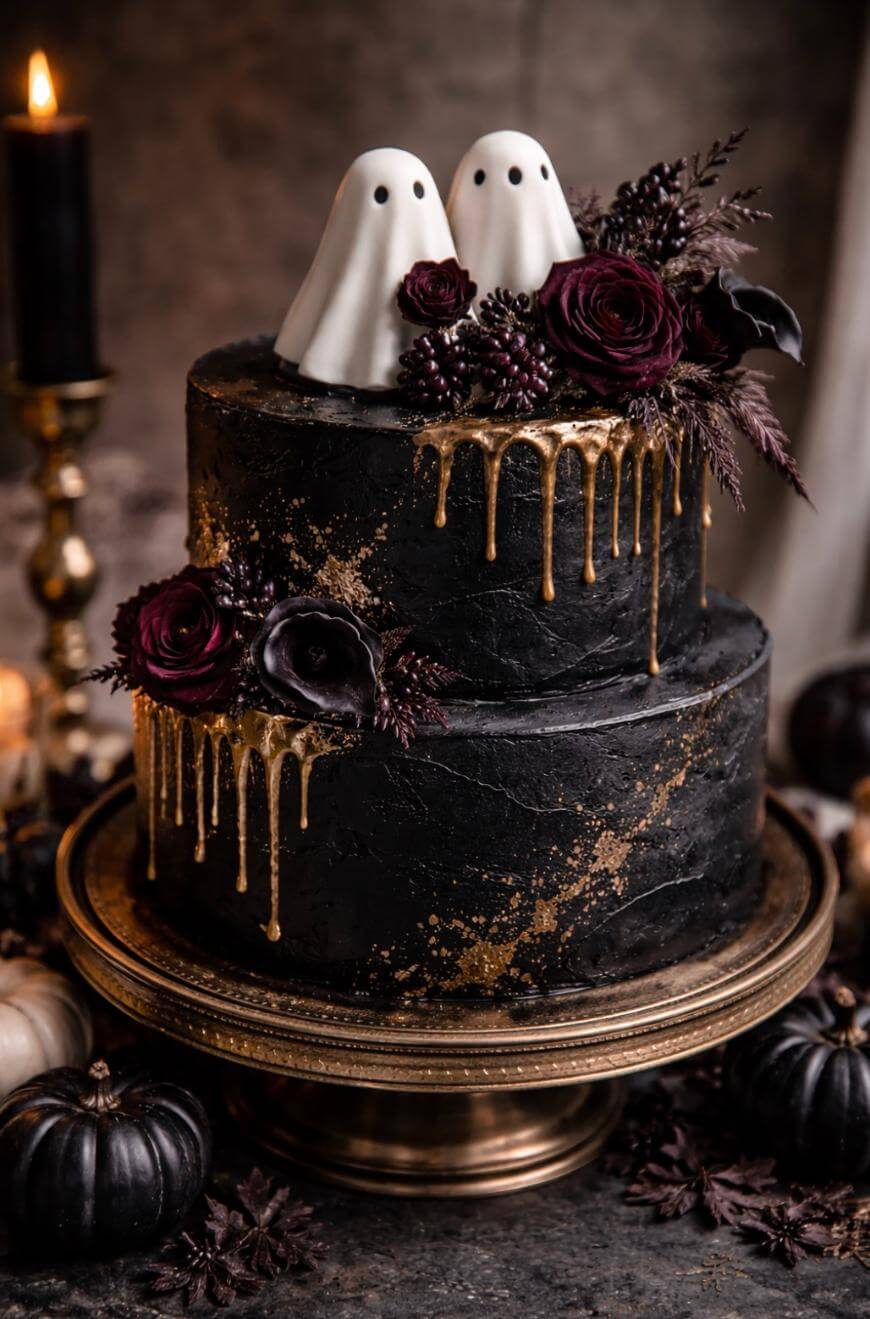 A two-tiered black cake with gold drips and dark red flowers, topped with two cute ghost figures. The cake sits on a gold stand, surrounded by candles and small black pumpkins, creating a spooky, elegant Halloween vibe.