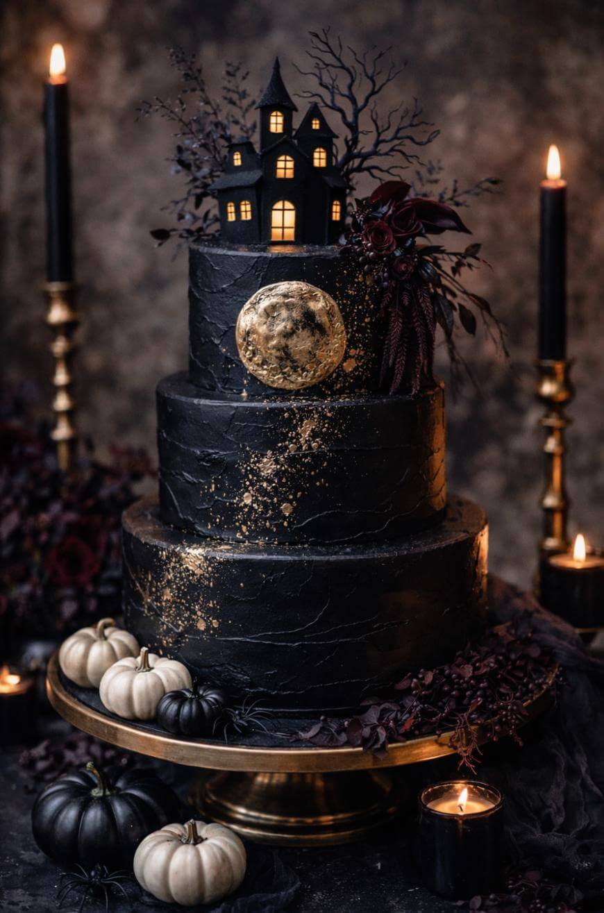 A three-tiered black cake decorated with a gold moon, small pumpkins, dark flowers, and a haunted house topper. The cake is surrounded by candles and set on a gold stand, creating a spooky, elegant Halloween theme.