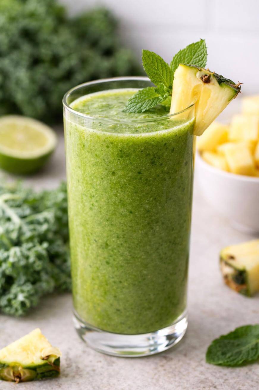 A tall glass of green smoothie garnished with a pineapple slice and mint leaves, with fresh kale, lime, and a bowl of pineapple chunks in the background.