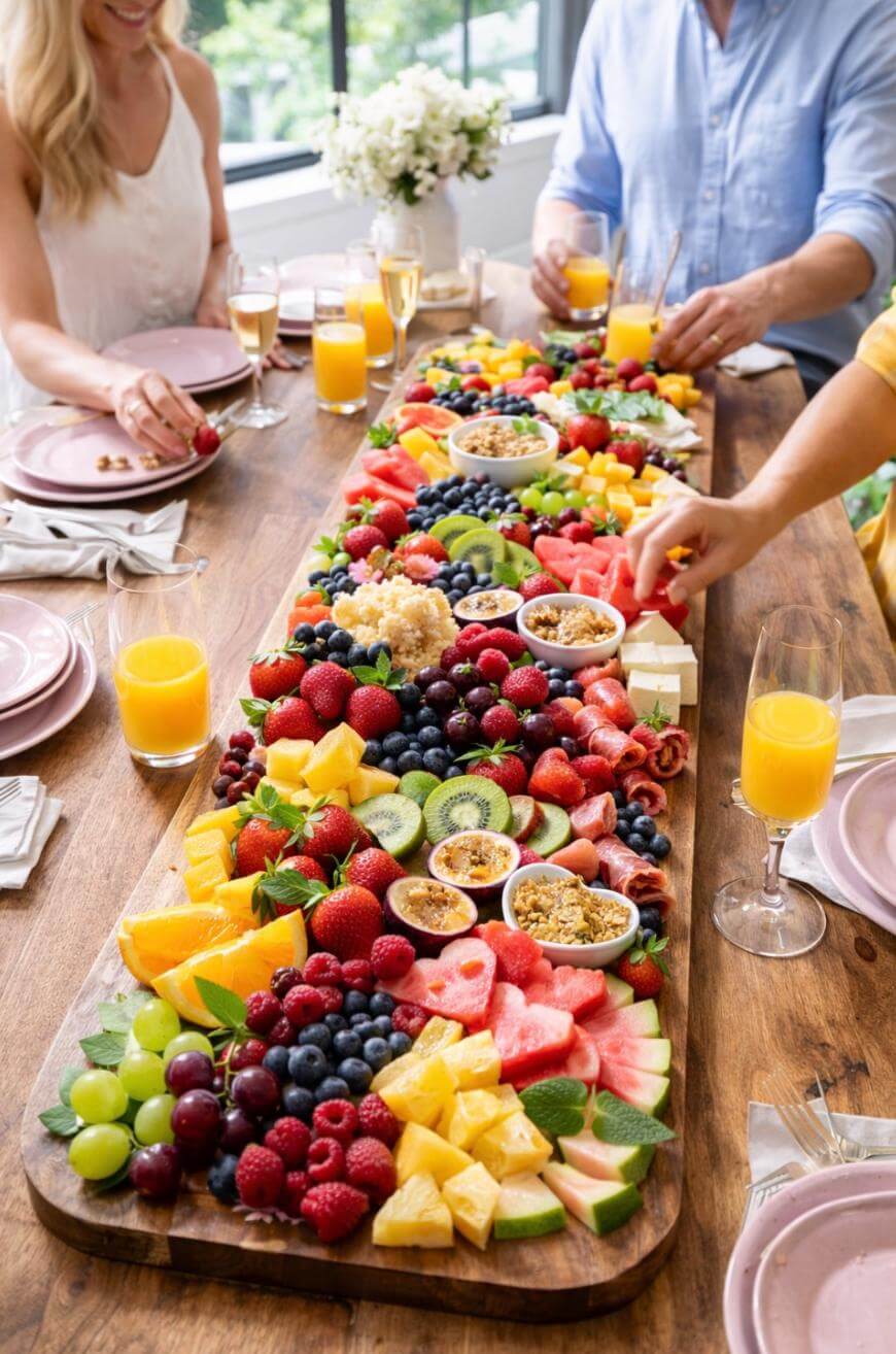 A group of people sit around a table sharing a large wooden platter filled with assorted fresh fruits, dips, and granola, with glasses of orange juice and pink plates set around the table.