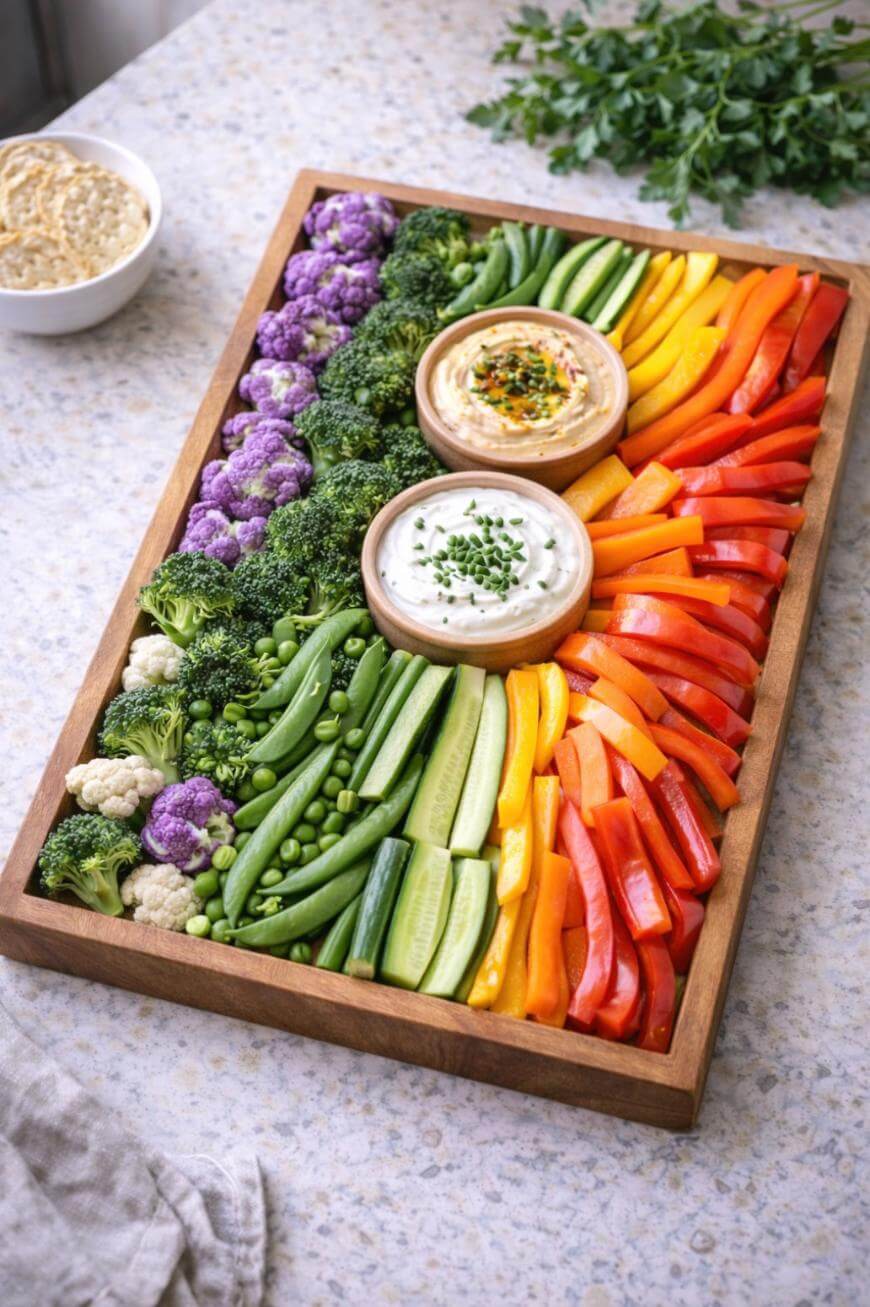 A tray of vegetables and dips.