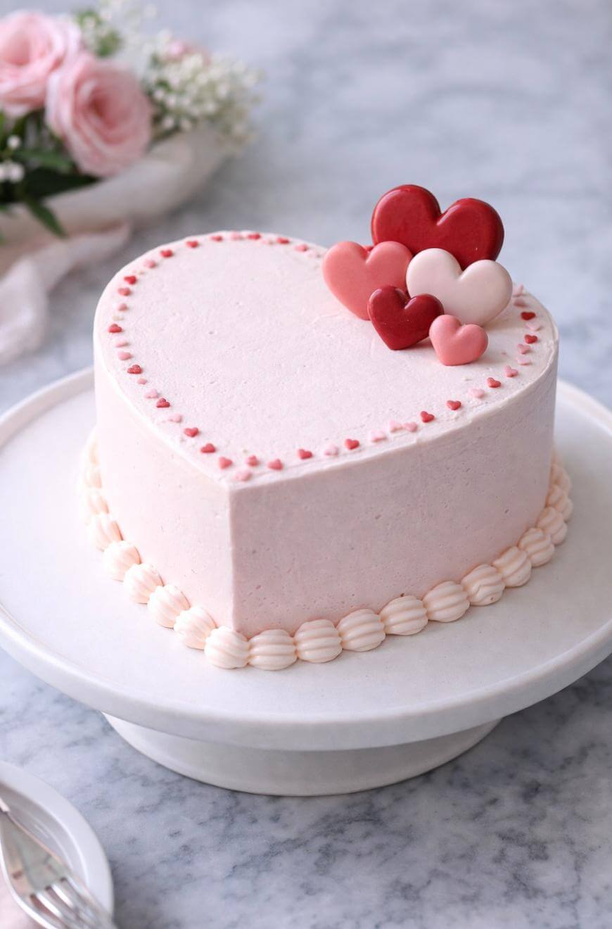 A heart-shaped pink cake topped with red and pink heart decorations, small heart-shaped sprinkles along the edge, and piped frosting at the base, displayed on a white cake stand with flowers in the background.