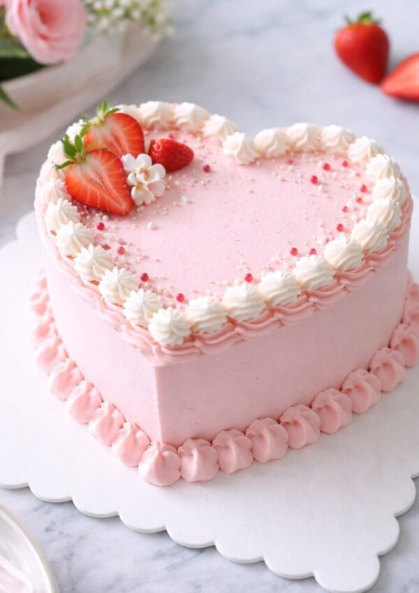 A heart-shaped pink cake with white and pink frosting, decorated with sliced strawberries and small white flowers on top, sits on a scalloped white board. Whole and sliced strawberries are in the background.