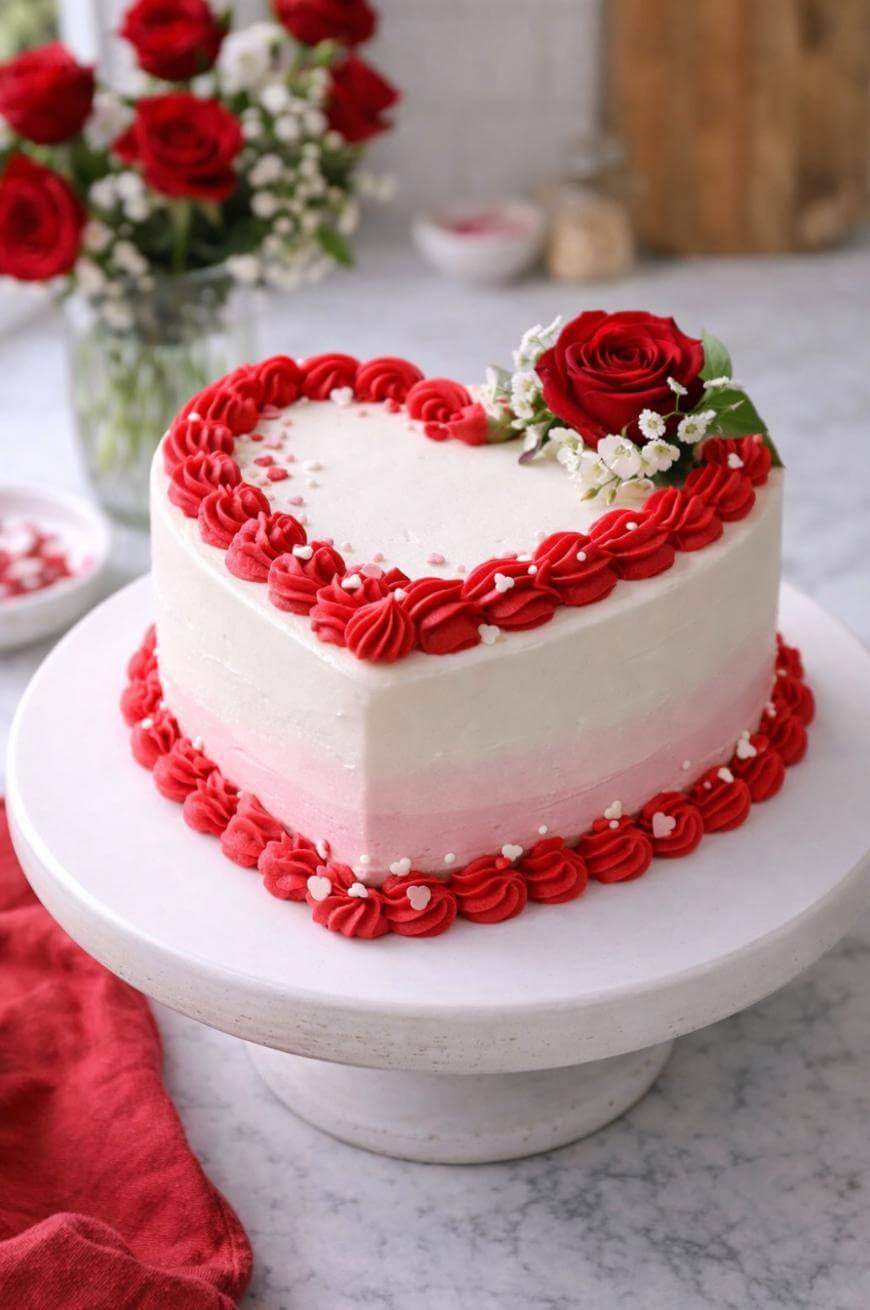 A heart-shaped cake with white and pink frosting, decorated with red icing, white sprinkles, and topped with a red rose and small white flowers, sits on a white cake stand. A vase of red roses is in the background.