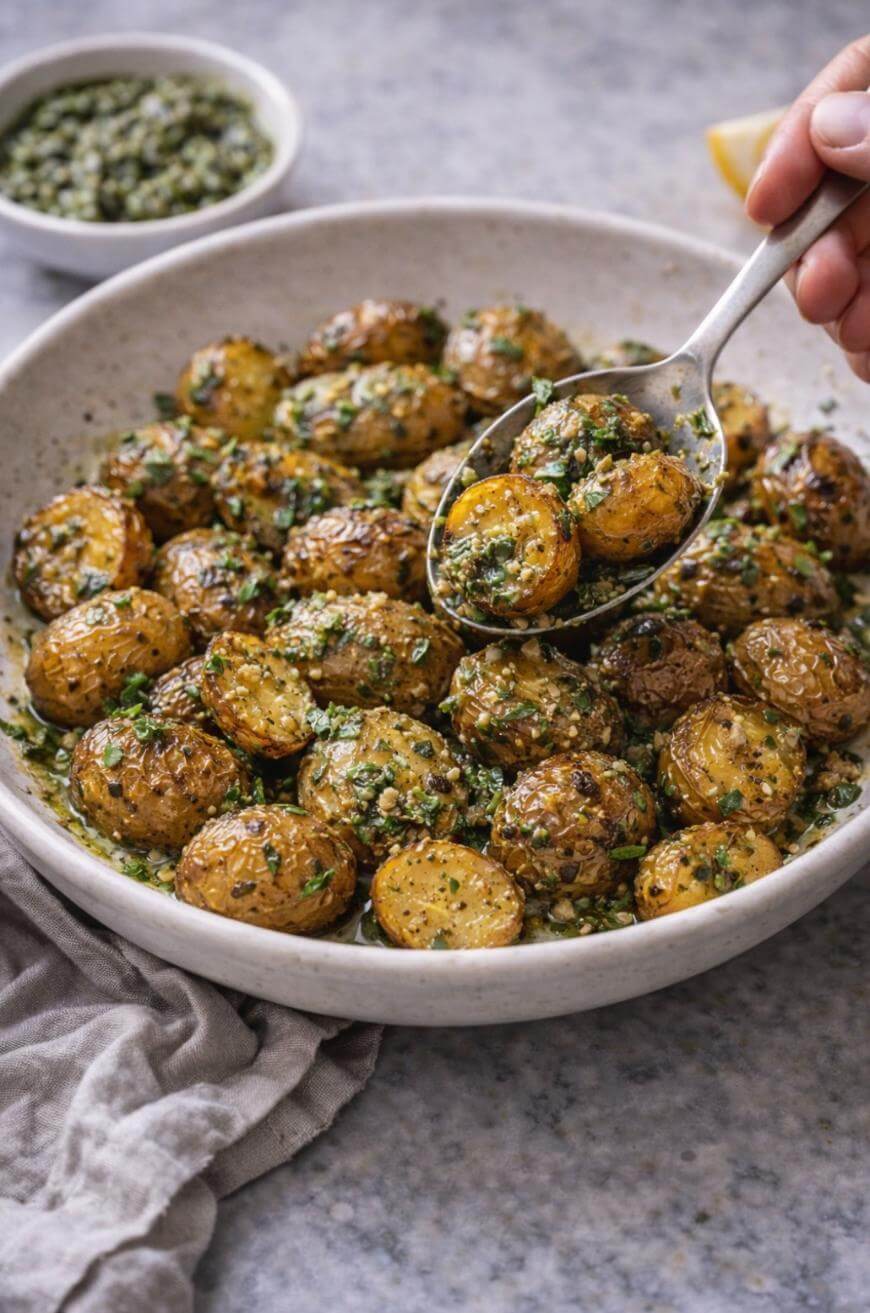 A hand holds a spoon serving roasted baby potatoes garnished with herbs and seasoning from a shallow white bowl, with a small bowl of green sauce in the background.