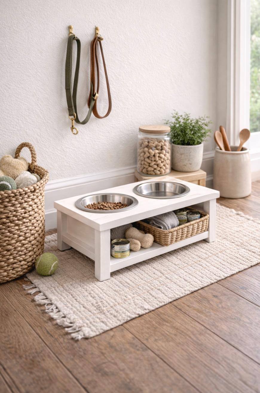A neatly organized pet feeding station with two raised bowls, a basket of toys, jars of treats, a leash on the wall, and a rug on a wooden floor in a bright, cozy room.