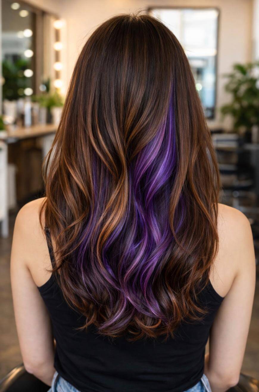 A woman with long, wavy brown hair featuring caramel highlights and vibrant purple streaks sits in a salon, wearing a black tank top. The photo is taken from behind, showing her hairstyle.