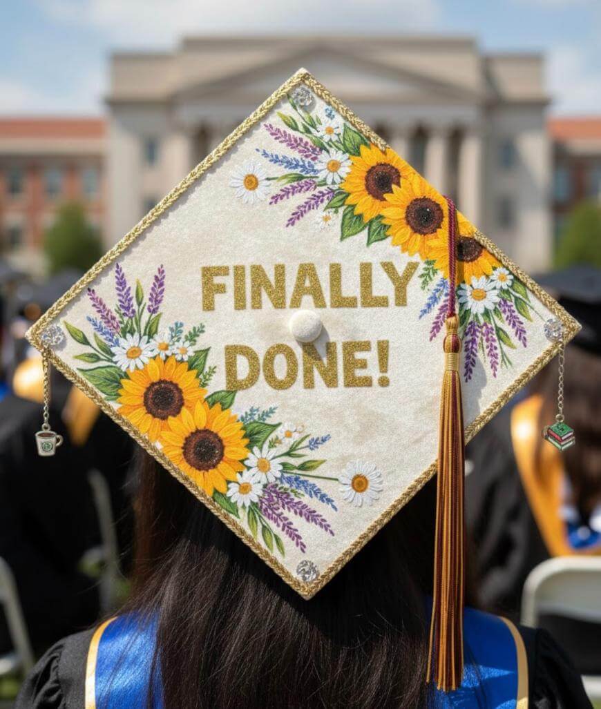 A graduation cap decorated with painted sunflowers and purple flowers, featuring the words “FINALLY DONE!” in bold gold letters. The graduate is seated outdoors among others in caps and gowns.
