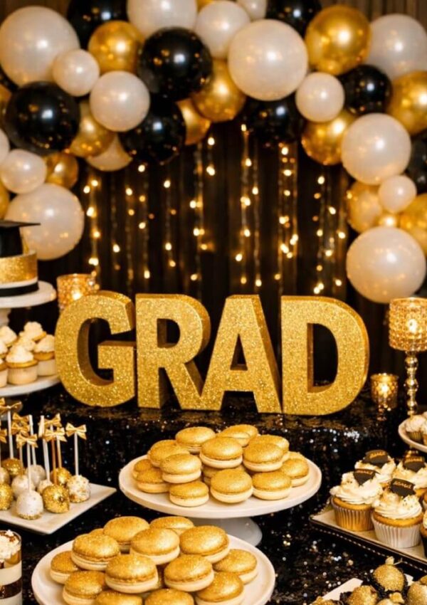 A festive graduation party table displays gold and white desserts, cupcakes, and macarons, with large glittery gold GRAD letters, gold candle holders, and a balloon arch in gold, black, and white in the background.