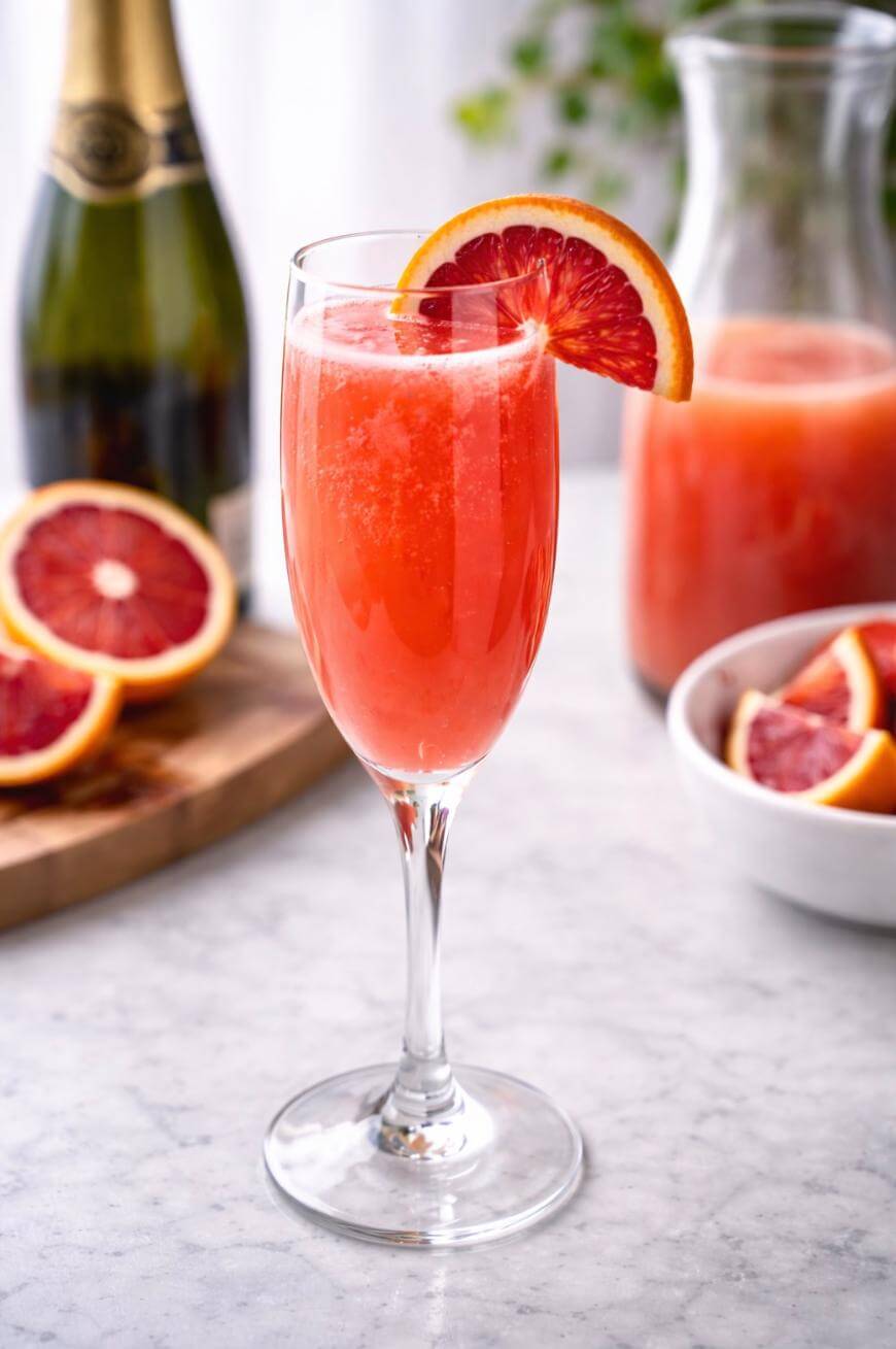 A champagne flute filled with a bright red-orange mimosa, garnished with a slice of blood orange, sits on a marble surface. In the background are a bottle of champagne, a carafe, and sliced blood oranges.