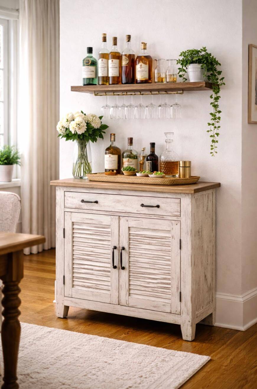 A home bar setup with a rustic white cabinet, liquor bottles, glasses, a bouquet of white flowers, a cutting board with limes, and a shelf above holding more bottles, glasses, and a hanging green plant.