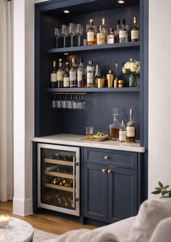 A built-in home bar with navy blue cabinets, a marble countertop, shelves holding liquor bottles and glassware, gold accents, a mini wine fridge, a decanter, and a vase of white flowers.