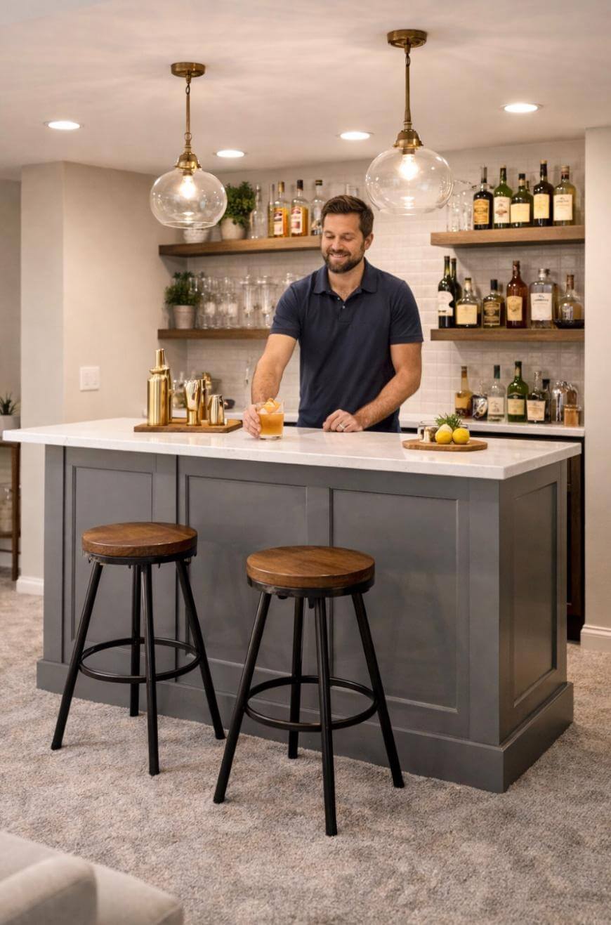 A man in a navy polo shirt stands behind a modern home bar with gray cabinets, holding a drink. Shelves with bottles, glasses, and plants are on the wall. Two wooden stools are in front of the bar.