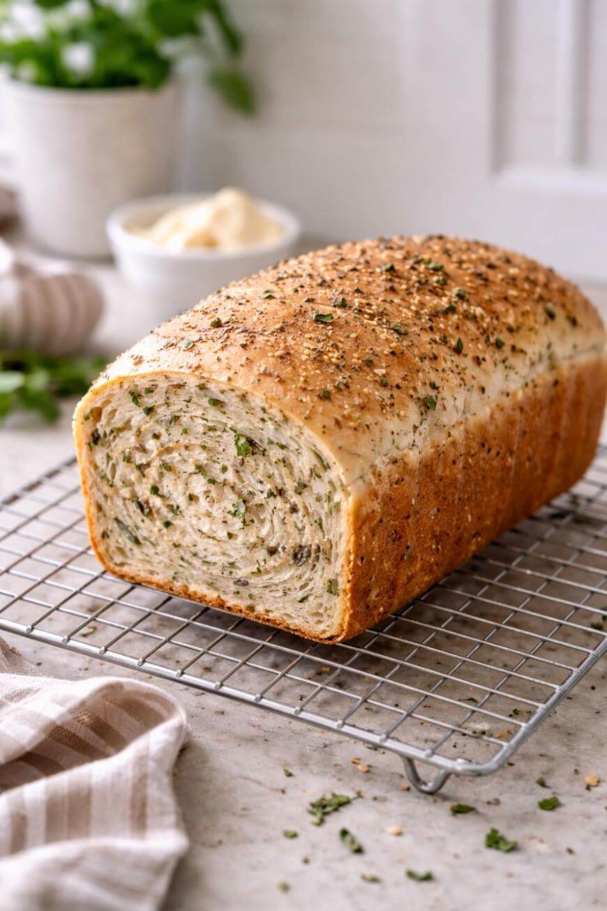 A loaf of homemade herb bread sits on a wire cooling rack. The bread is golden brown with visible green herbs throughout the loaf and sprinkled on top. A striped cloth, herbs, and a bowl of butter are in the background.