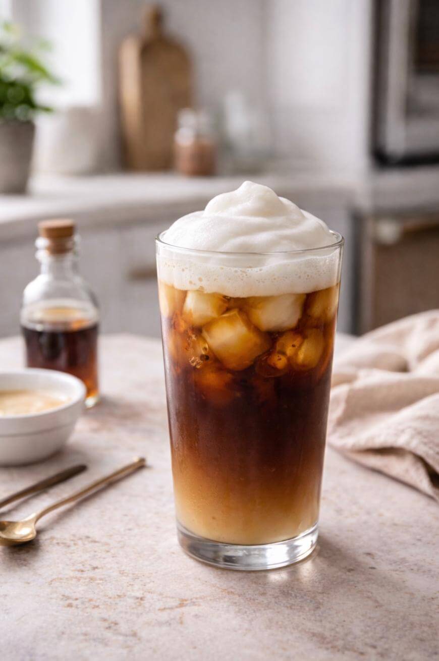 A glass of iced coffee with creamy foam on top sits on a light countertop. In the background are a small bottle of syrup, a bowl, a gold spoon, and a beige cloth in a cozy kitchen setting.