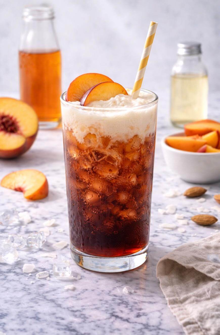A glass of iced coffee topped with cream, garnished with peach slices and a striped straw. Surrounding it are peach halves, a bowl of peach slices, bottles of syrup, and scattered ice cubes on a marble surface.