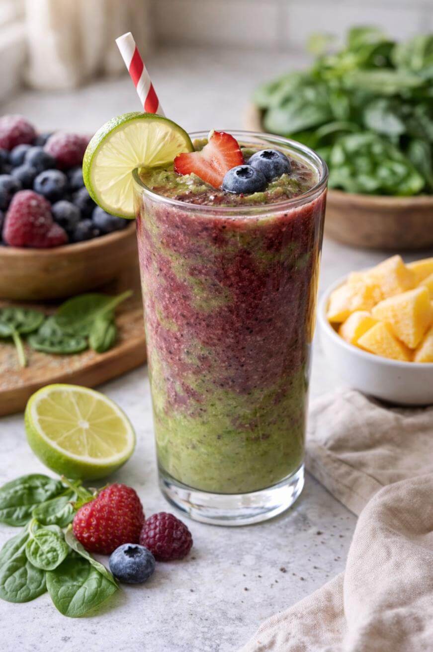A layered smoothie with green and purple colors is served in a tall glass, garnished with lime, strawberries, and blueberries. It has a striped straw. Nearby are fresh spinach, mixed berries, mango cubes, and a sliced lime.