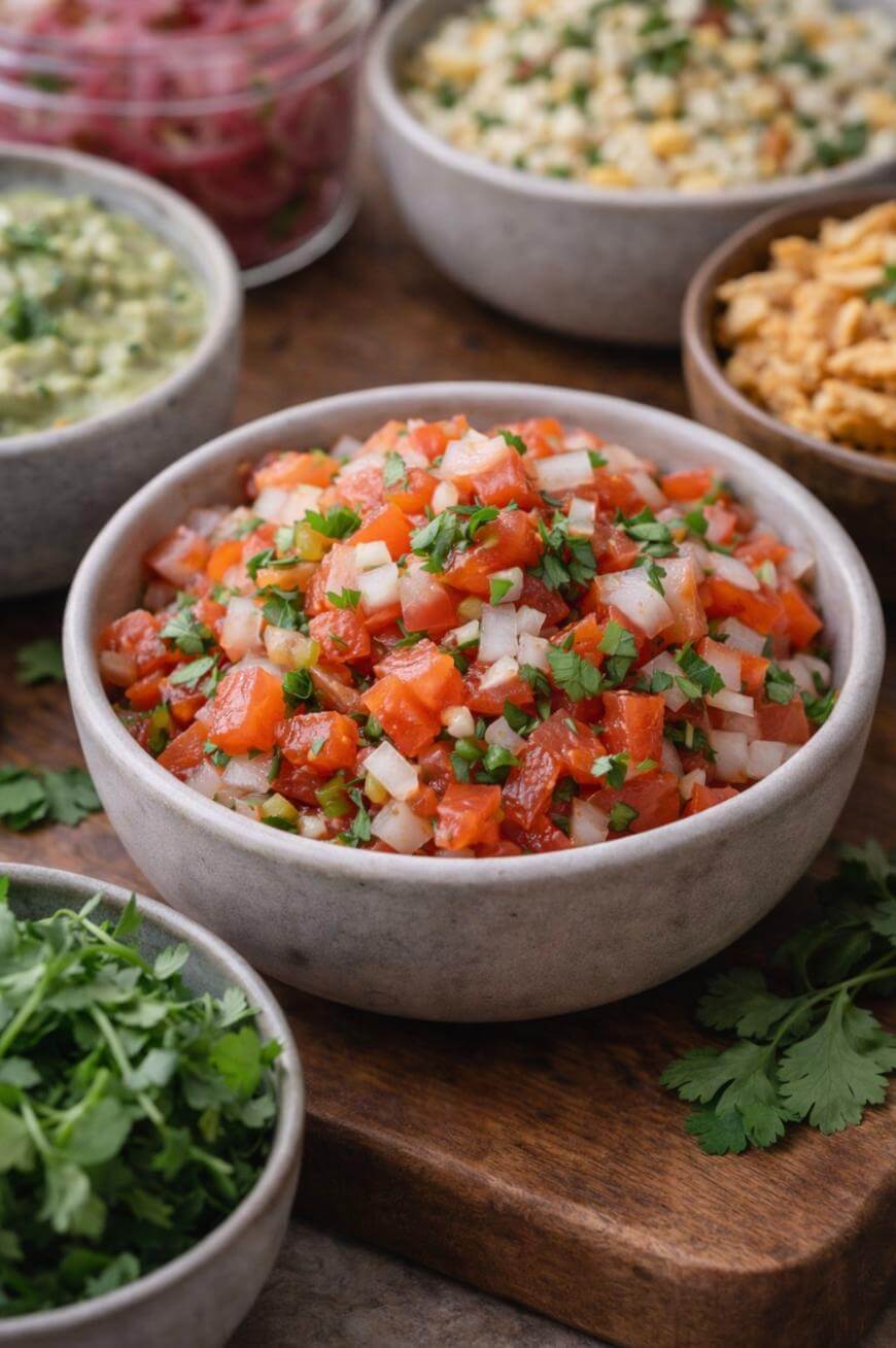A bowl of fresh pico de gallo made with chopped tomatoes, onions, cilantro, and jalapeños sits on a wooden surface, surrounded by bowls of guacamole, corn salad, and fresh cilantro.