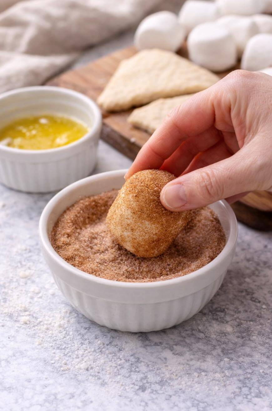 A hand dips a marshmallow into a bowl of cinnamon sugar. Nearby are a bowl of melted butter, triangular pieces of dough, and whole marshmallows on a cutting board.