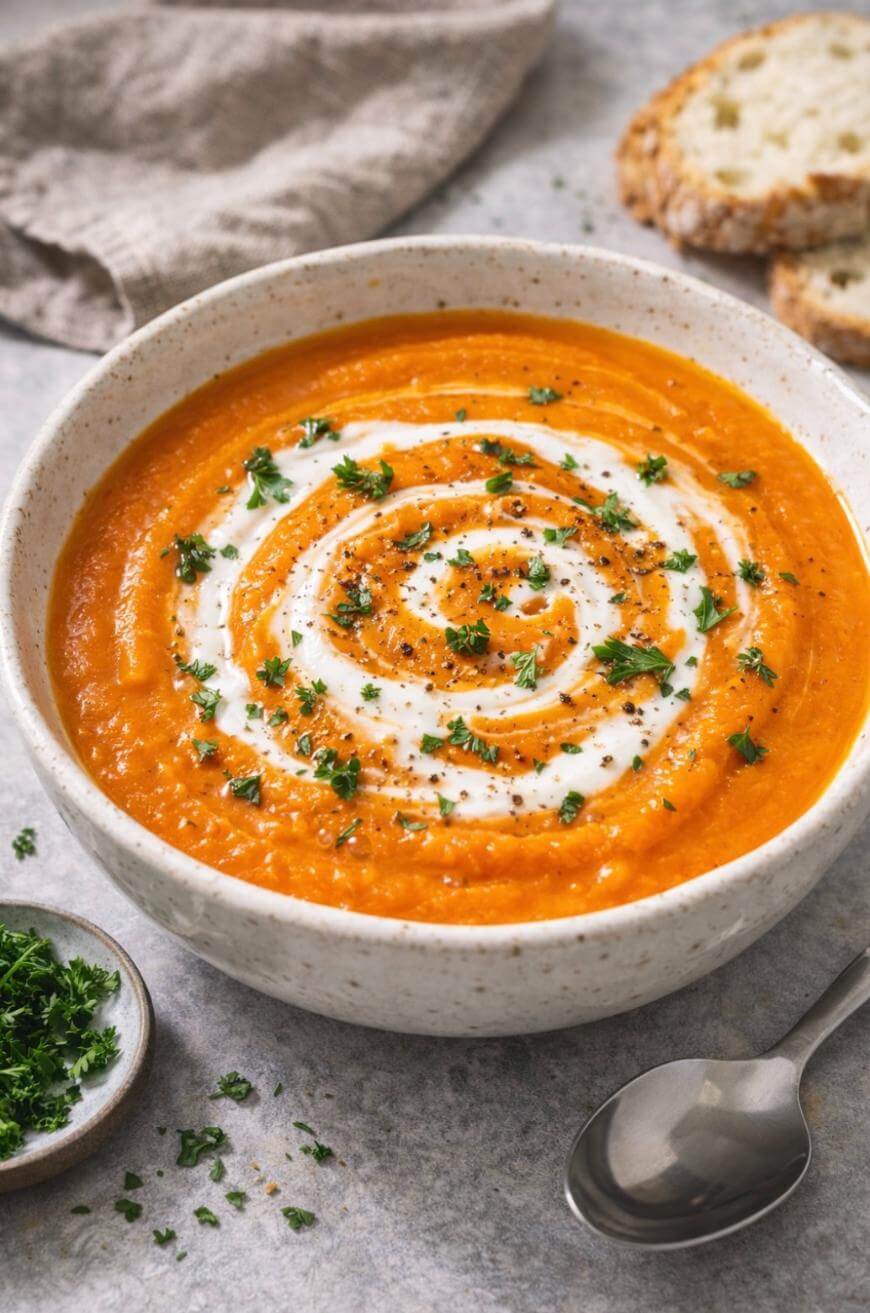 A bowl of creamy orange soup topped with a swirl of cream and sprinkled with chopped parsley, set on a light surface with a spoon, sliced bread, and a small dish of extra parsley nearby.