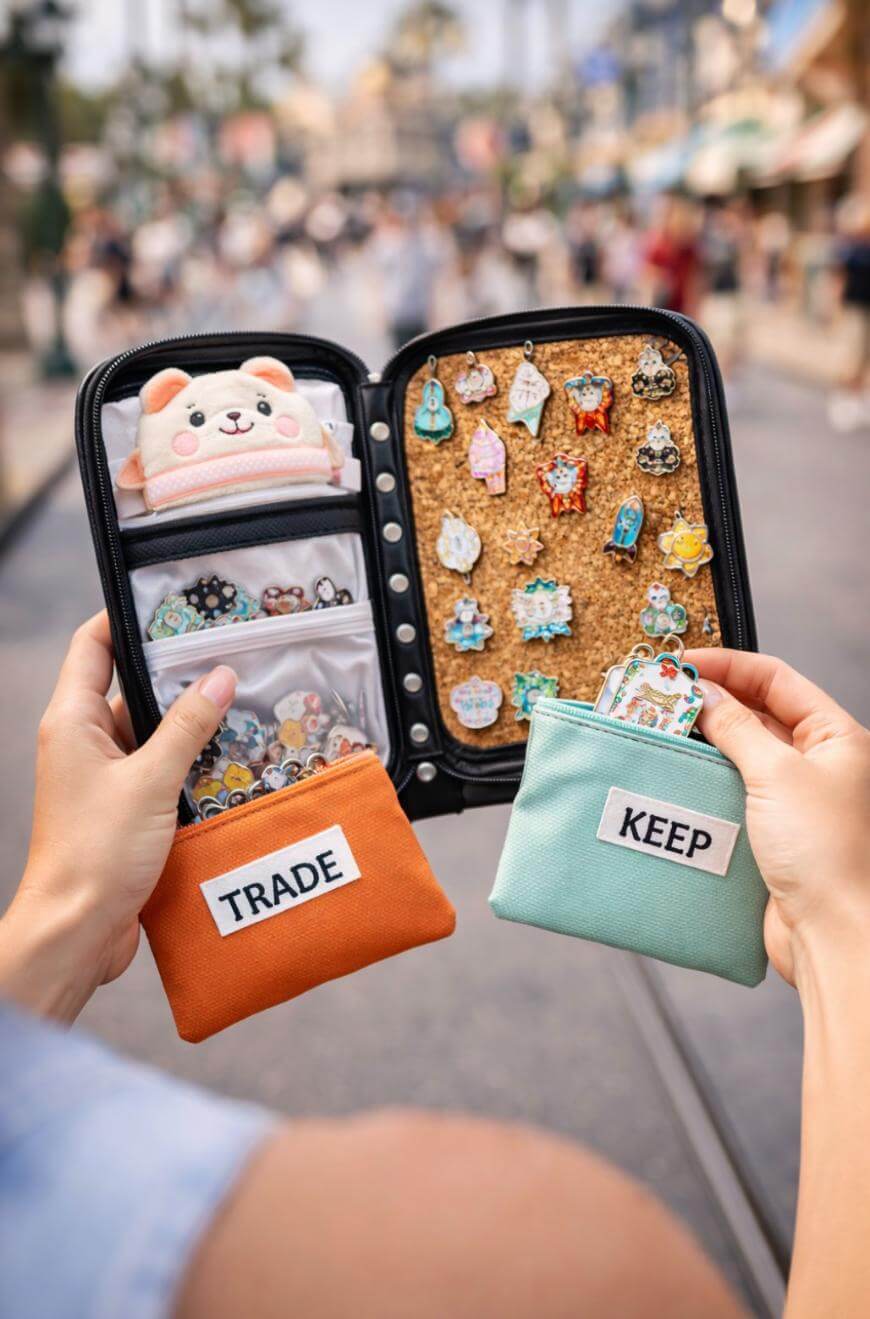 A person holds a pin trading case open, displaying colorful pins on cork inside. One orange pouch labeled TRADE and one teal pouch labeled KEEP hold various pins, with a blurred outdoor street scene in the background.