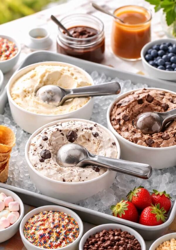 Three bowls of ice cream (vanilla, chocolate, and cookies and cream) with scoops rest on ice, surrounded by toppings like sprinkles, blueberries, strawberries, sauces, mini marshmallows, and waffle cone pieces.