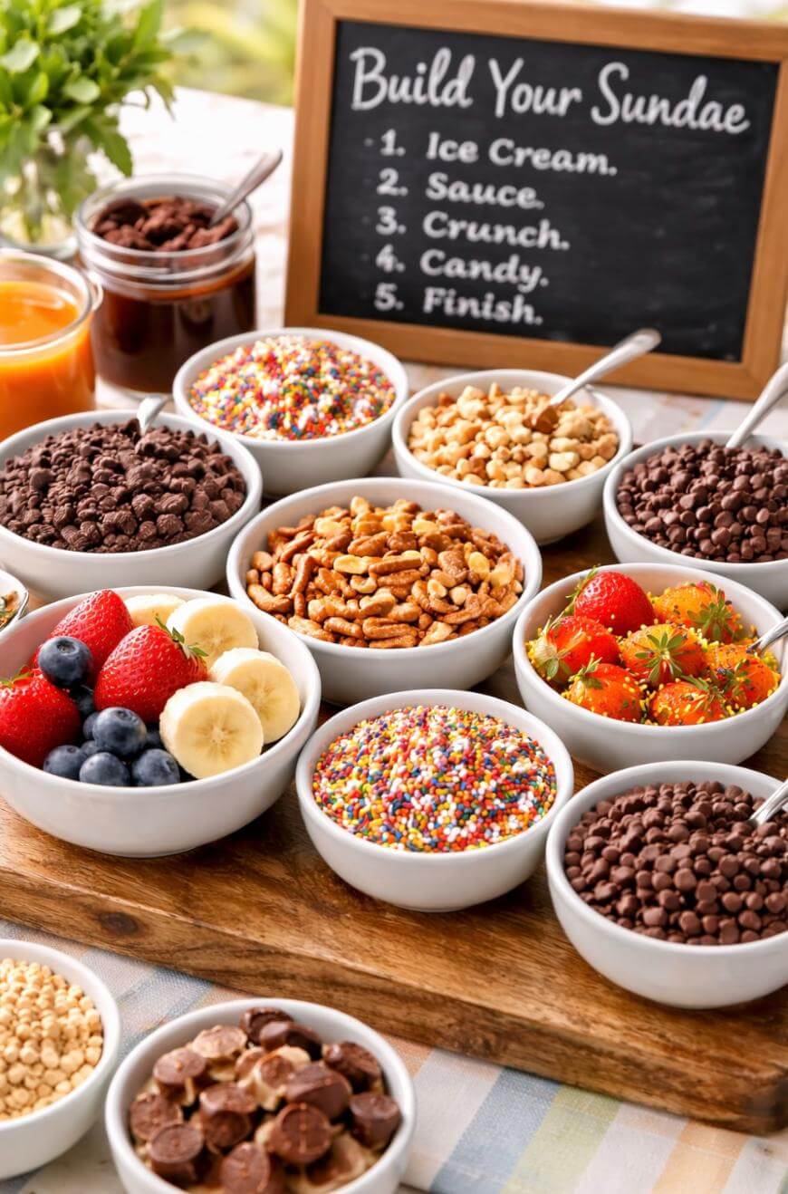 A variety of sundae toppings in bowls, including strawberries, bananas, blueberries, sprinkles, chocolate chips, nuts, and sauces, are arranged in front of a chalkboard with sundae-building steps.
