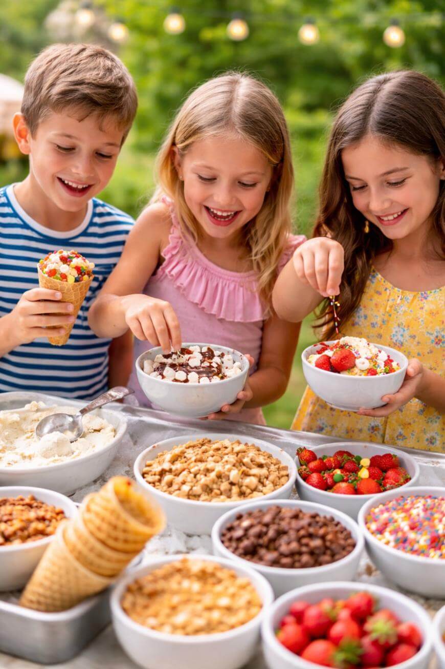 Three smiling children make sundaes at an outdoor table with bowls of ice cream, toppings like sprinkles, nuts, chocolate chips, strawberries, and waffle cones on a sunny day.