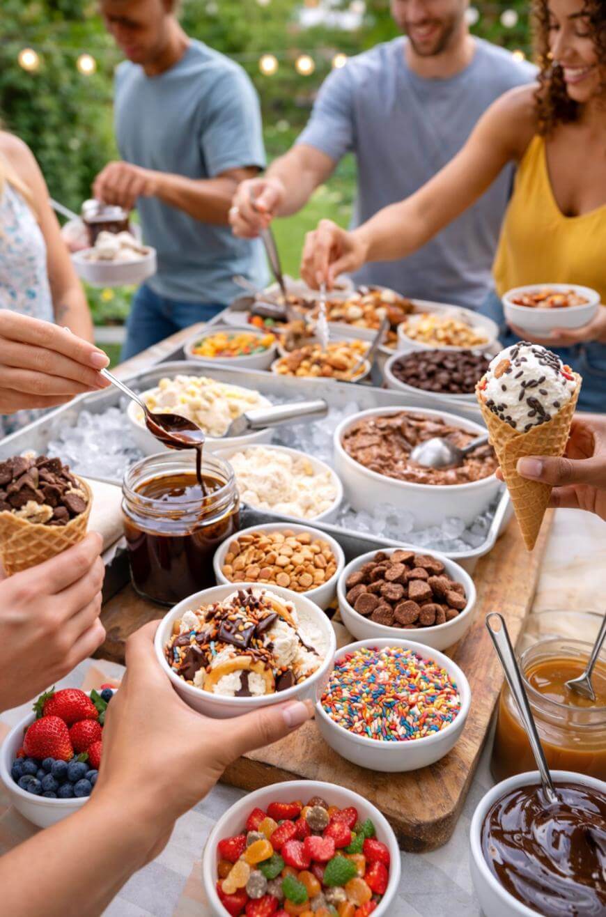 A group of people gathers around a table outdoors, making ice cream sundaes with various toppings like sprinkles, berries, candy, nuts, chocolate sauce, and cones, enjoying a fun summer treat together.