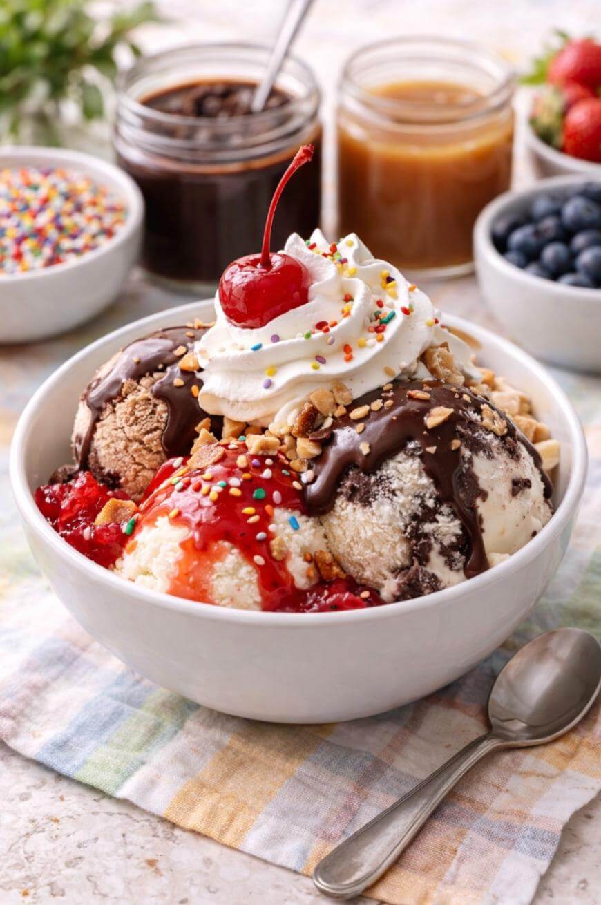A bowl of ice cream topped with whipped cream, a cherry, chocolate and strawberry sauces, sprinkles, and chopped nuts. Surrounding the bowl are jars of chocolate and caramel sauce, sprinkles, strawberries, and blueberries.